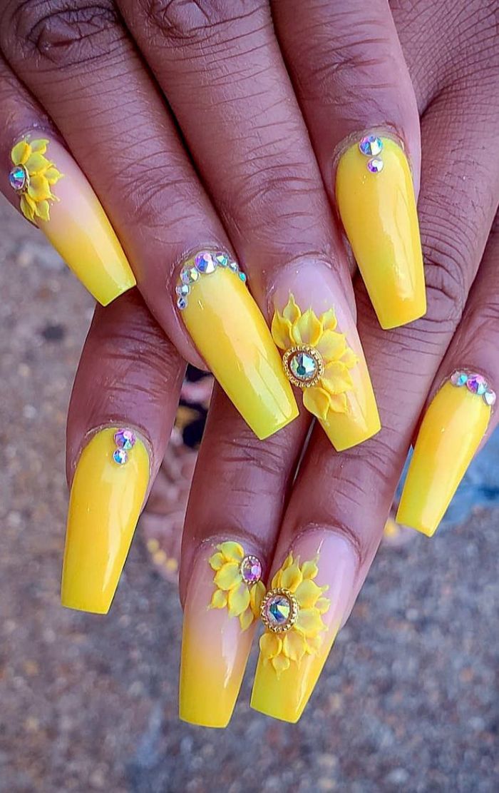 floral manicure with rhinestones summer acrylic nails yellow nail polish with sunflowers on long coffin nails
