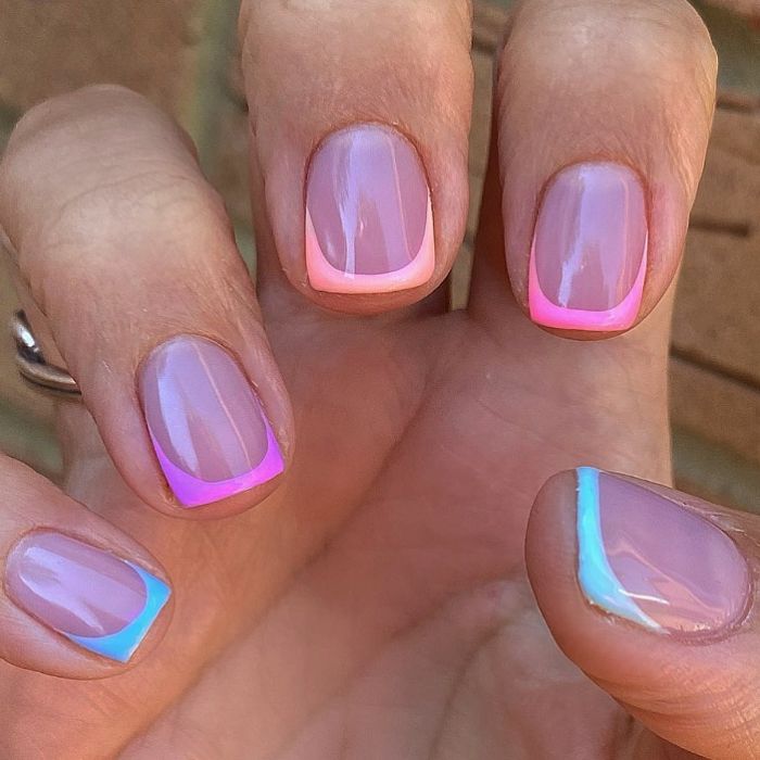 french manicure in different color on each nail summer nails 2021 blue pink orange purple