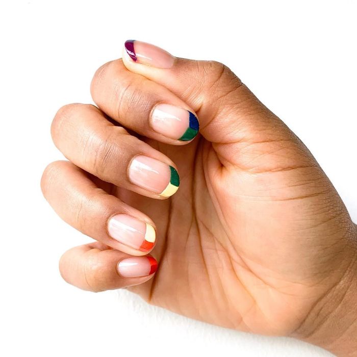 french manicure in different colors cute acrylic nail ideas purple blue green yellow orange red
