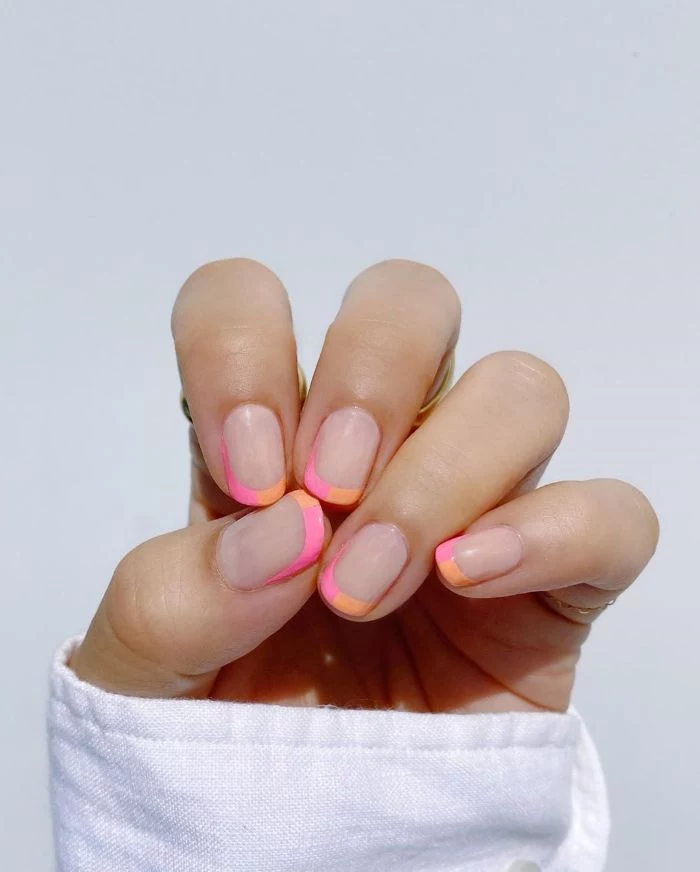 french manicure made with pink and orange ombre cute nail designs short squoval nails