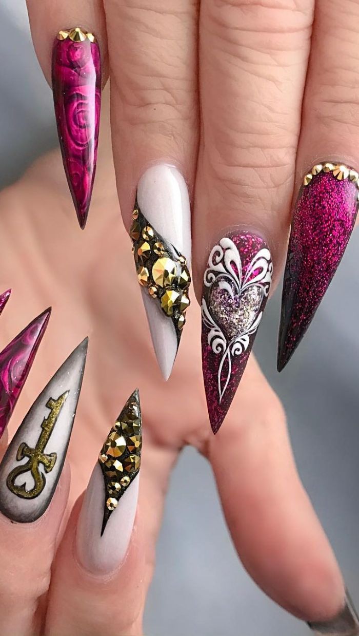 gold rhinestones key decoration bright summer nails pink and white nail polish long stiletto nails