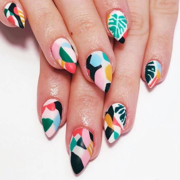 green red yellow blue pink abstract decorations summer acrylic nails medium length stiletto nails