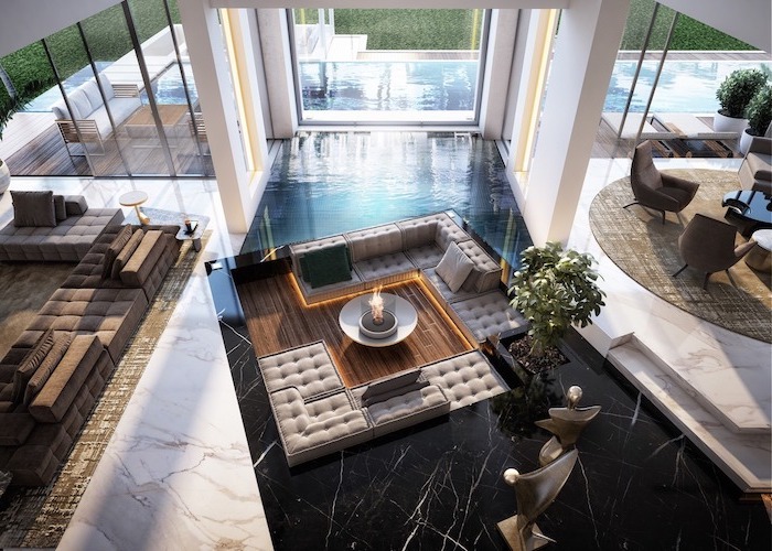 indoor tabletop fountain large open plan space living room with fire pit pool starting from the inside