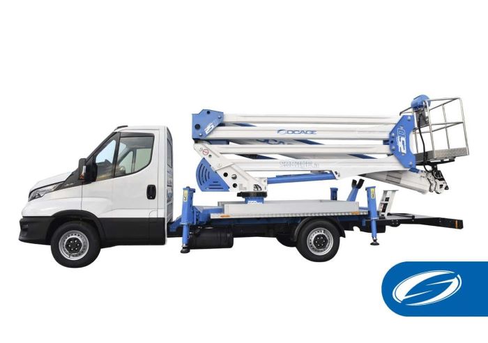 international consolidation strategy truck socage with aerial platform photographed on white background 