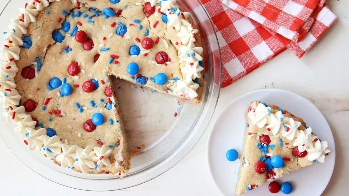 large cookie pie decorated with red and blue m and ms fourth of july desserts red and blue sprinkles