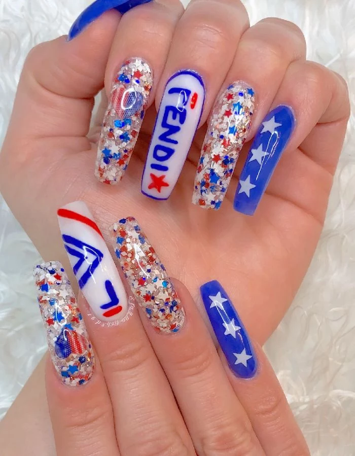 long coffin nails fourth of july nail designs stars and heart shaped american flag fendi written on middle finger