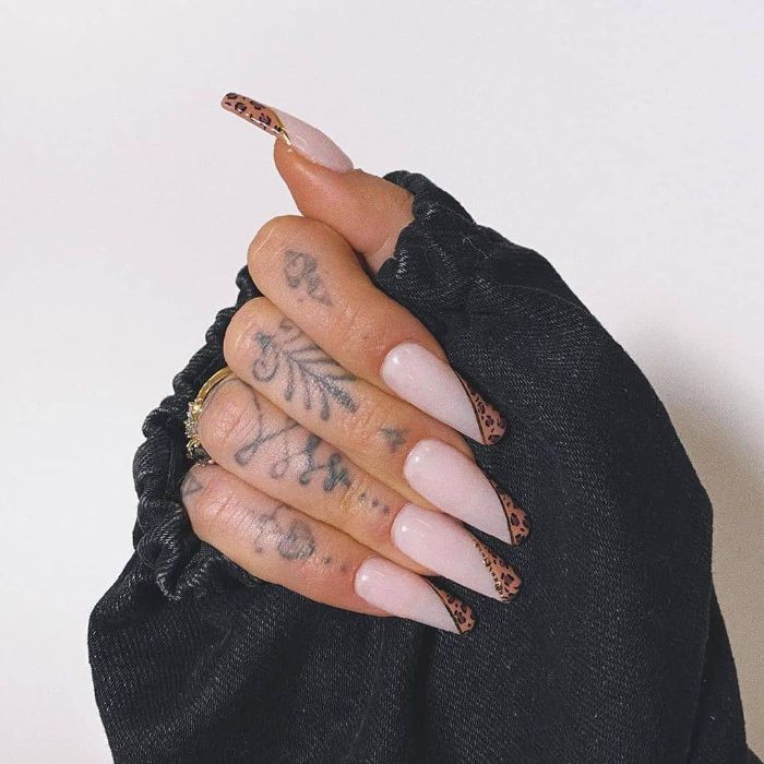 long coffin nails summer nail ideas nude nail polish with leopard print french manicure