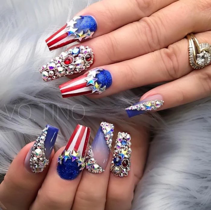 long coffin nails with lots of rhinestones 4th of july nail ideas american flag decorations with stars