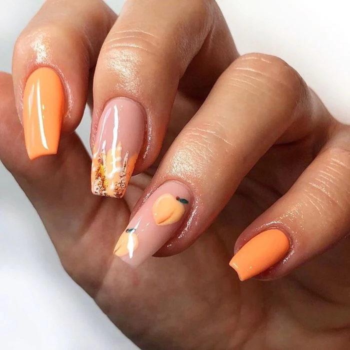 long coffin nails with orange nail polish summer nail designs peaches decorations on ring finger