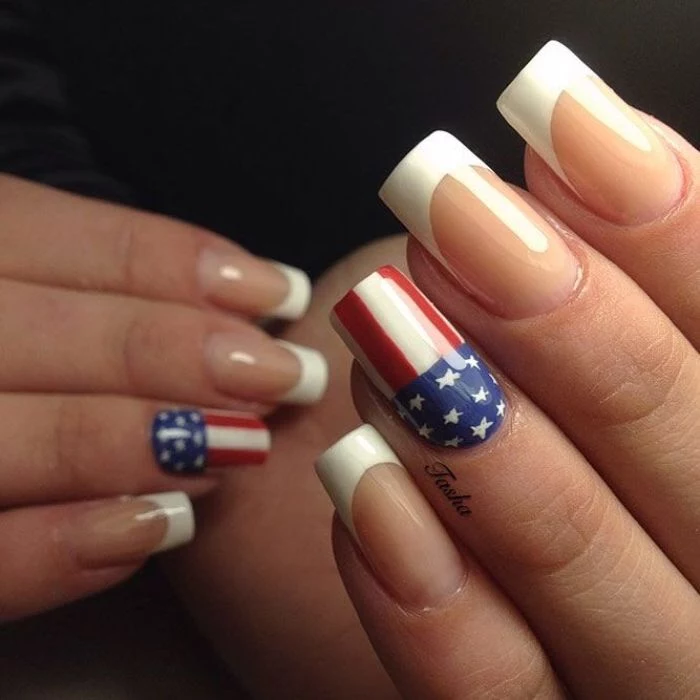 long nails with white french manicure fourth of july nails american flag decoration on each ring finger
