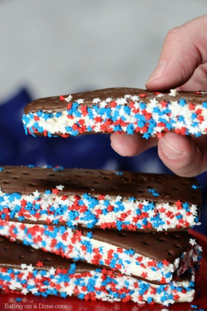 man holding ice cream sandwich 4th of july dessert ideas decorated with red white blue star sprinkles