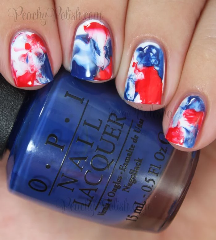 marble 4th of july nails white nail polish base red and blue marble on short squoval nails