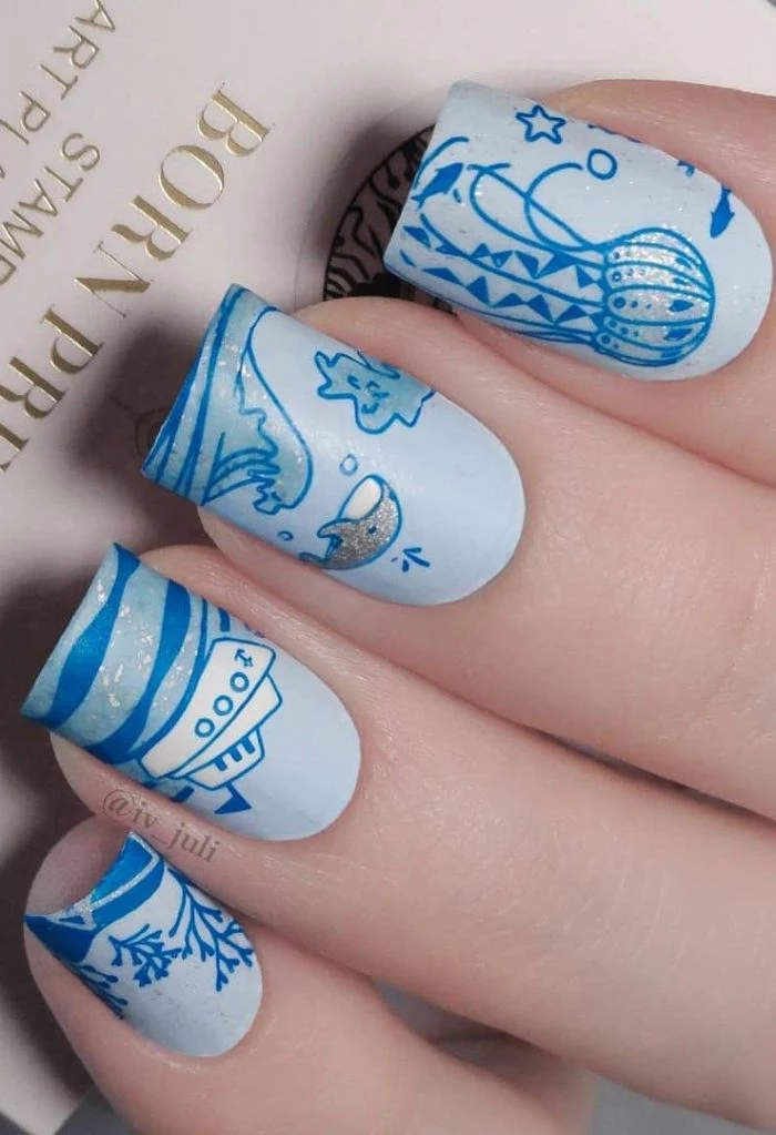 maritime decorations on medium length square nails summer nail colors waves whale boat