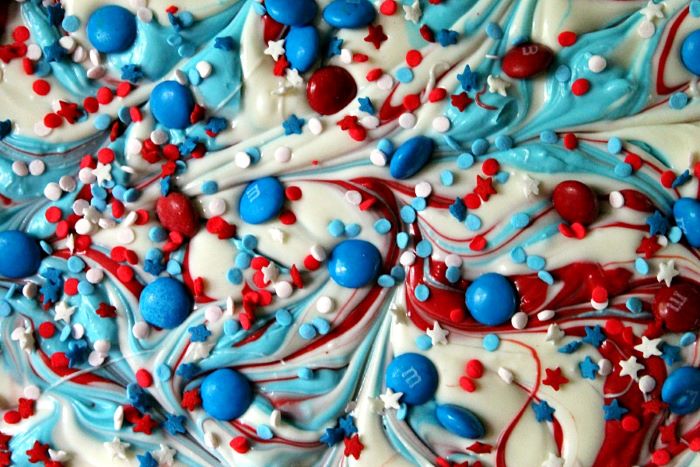 melted white chocolate red white and blue desserts with sprinkles m and ms