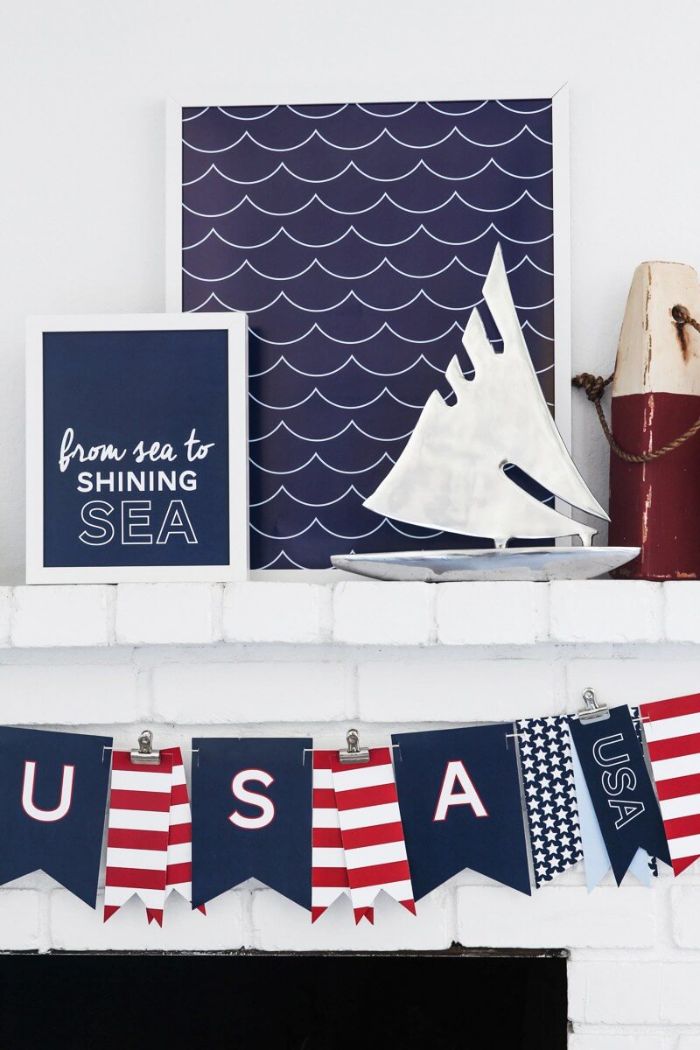 nautical theme fourth of july crafts fireplace decorations usa banner in red white and blue