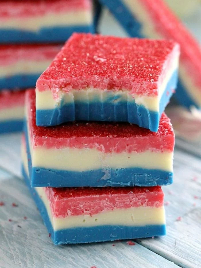 no bake fudge recipe with blue white red layers 4th of july dessert ideas placed on wooden surface