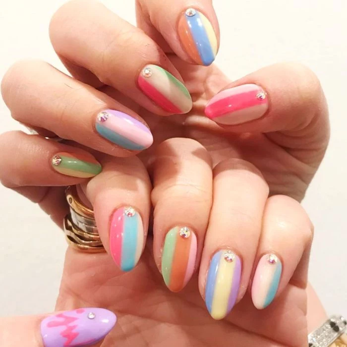 ombre nails summer acrylic nails pink blue orange green yellow nail polish with rhinestones