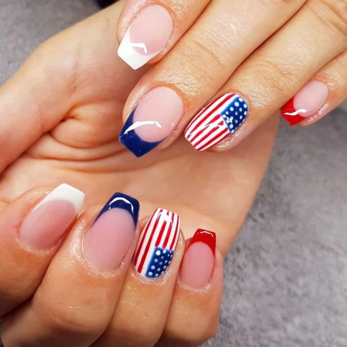 patriotic french manicure fourth of july nails red white blue french american flag decoration on each ring finger