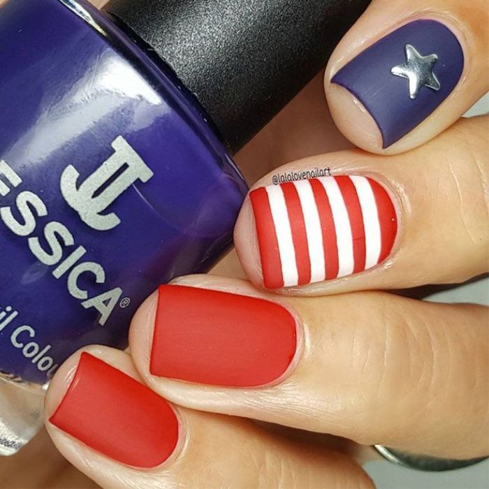 patriotic nails matte finish on red white blue nail polish with stars and stripes
