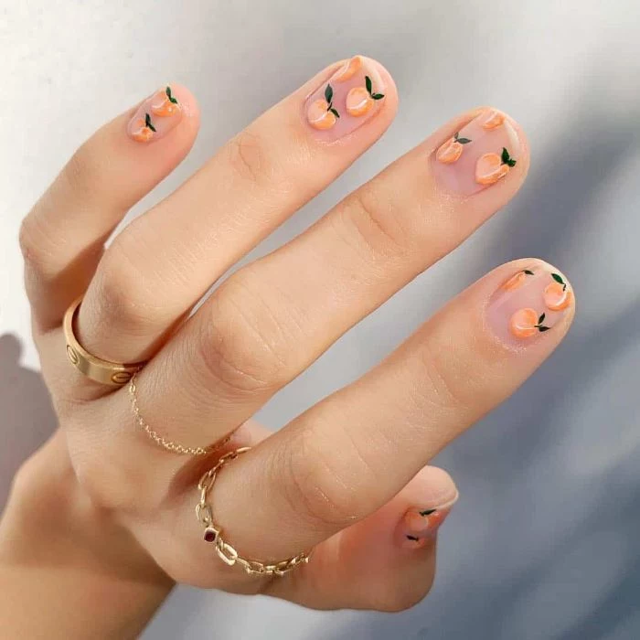 peaches decorations on short nails summer acrylic nails nude nail polish