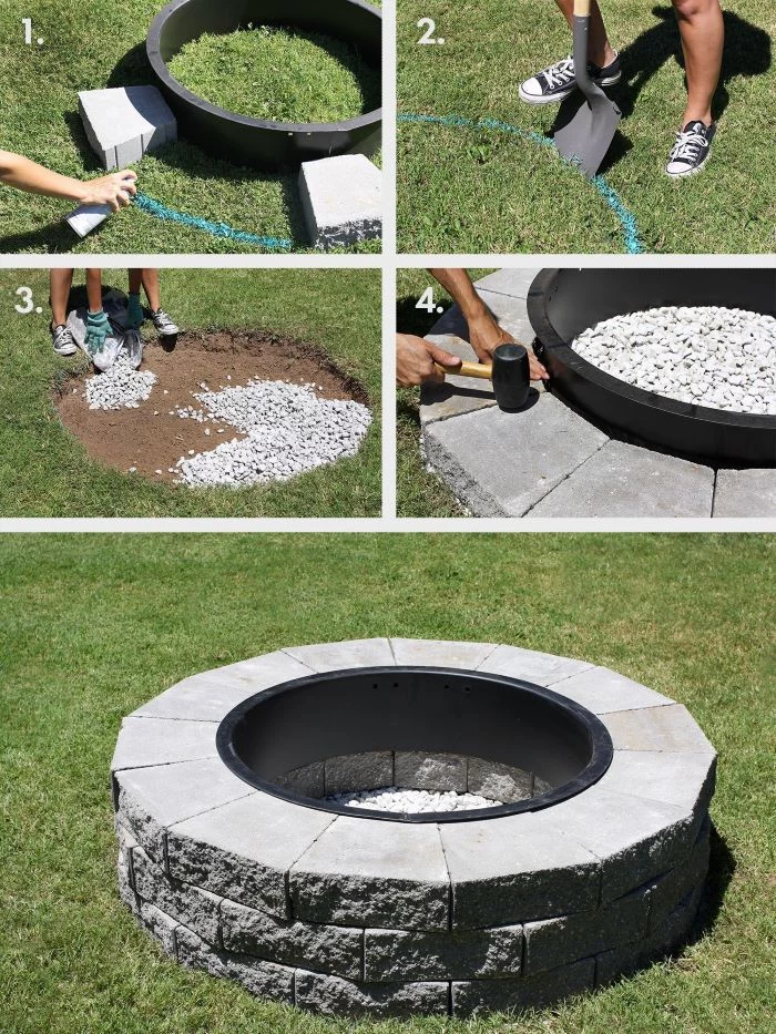 photo collage of step by step tutorial build your own fire pit round fire pit with stones