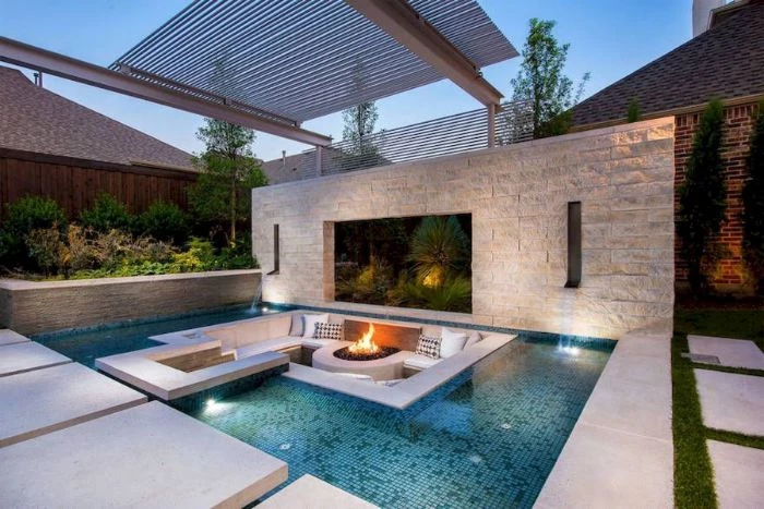 pool with sofa inside how to build a fire pit round concrete fire pit white cushions