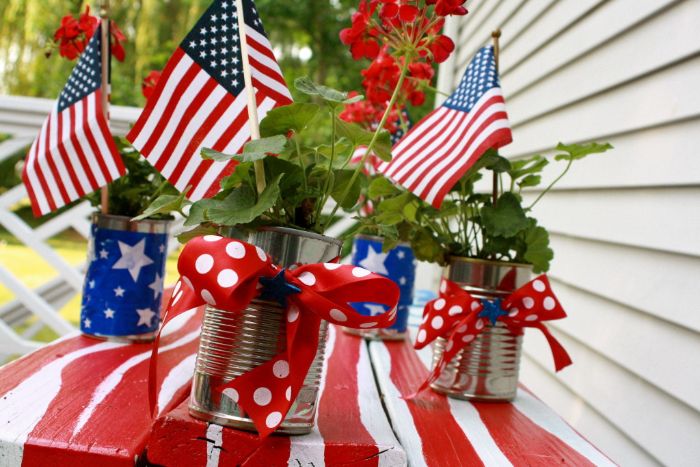 potted red flowers flags inside the pots 4th of july decorations blue red ribbons tied around them