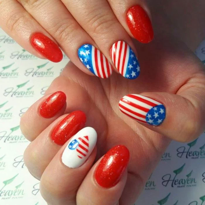 red glitter nail polish fourth of july nails american flag decorations stripes stars in the shape of heart