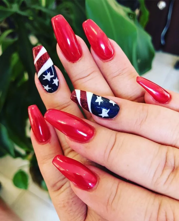 red nail polish on long coffin nails fourth of july nail designs american flag decoration on each ring finger
