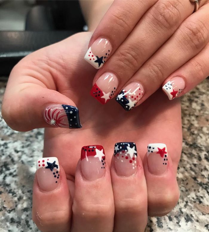 red white and blue nails french manicure with stars and fireworks decorations