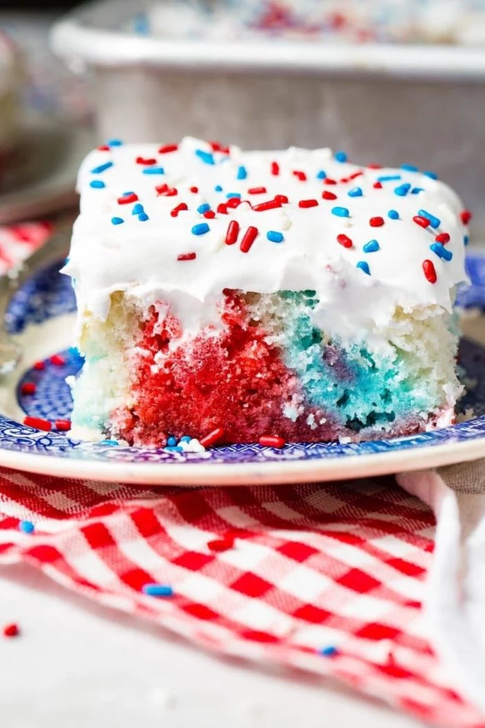red white and blue poke cake fourth of july recipes white frosting red white blue sprinkles