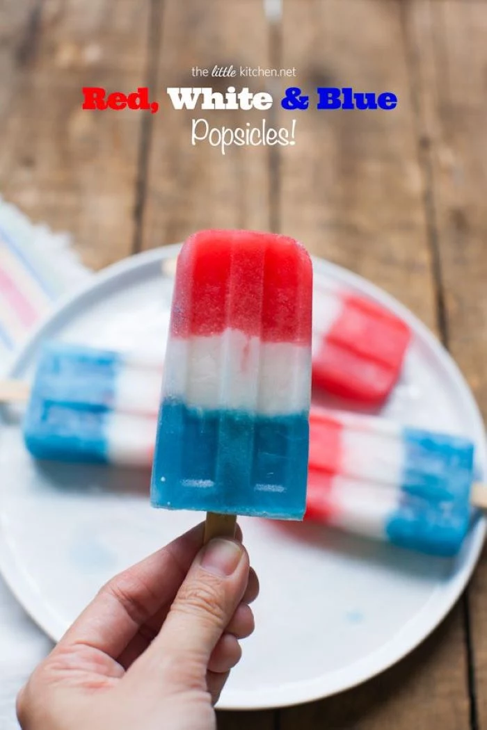 red white and blue popsicles 4th of july dessert recipes arranged on white plate