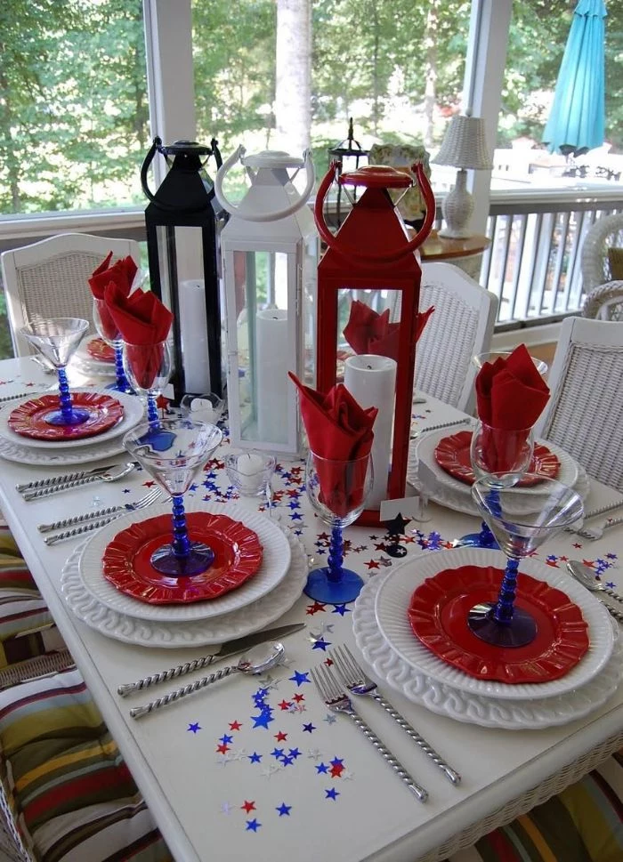 red white blue lanterns in the middle of table 4th of july decorations white red plates red napkins blue glasses
