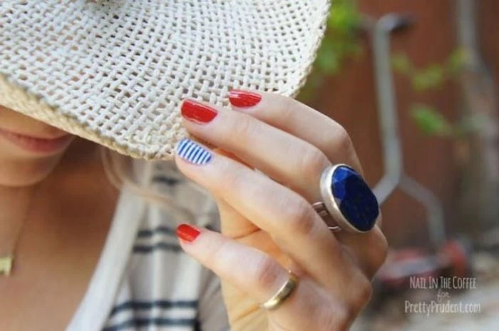 red white nail polish with blue stripes american flag nails short squoval nails