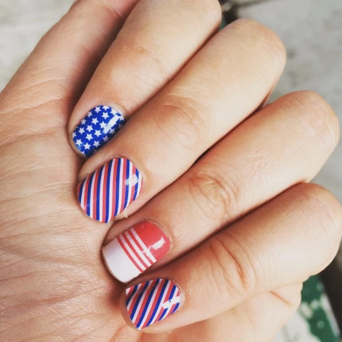 short nails with red white blue nail polish 4th of july nail art stars and stripes decorations