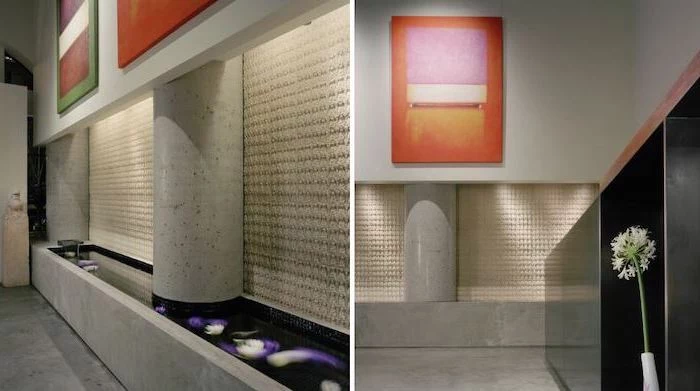 side by side photos of water pond along the wall of hallway indoor waterfall fountain filled with lillies