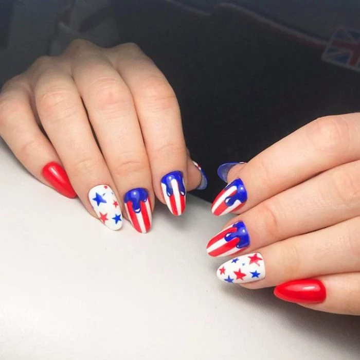 stars in red and blue stripes in red white fourth of july nails blue dripping down red nail nail polish