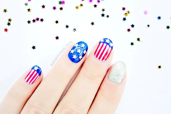 step by step diy tutorial american flag nails done with red white and blue nail polish stars and stripes decorations