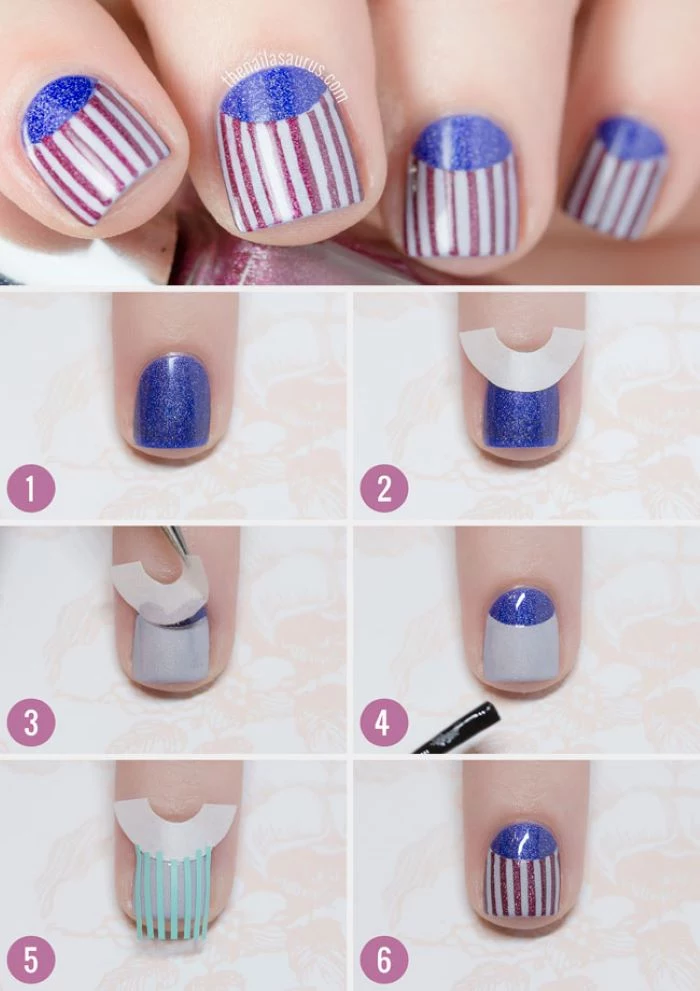 step by step diy tutorial red white and blue nail designs with red stripes