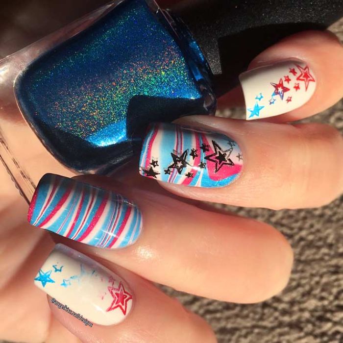 stripes and stars in red and blue 4th of july nail designs long square nails white nail polish base