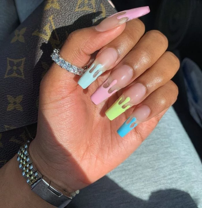 summer acrylic nails long coffin nails with dripping french manicure in purple blue yellow