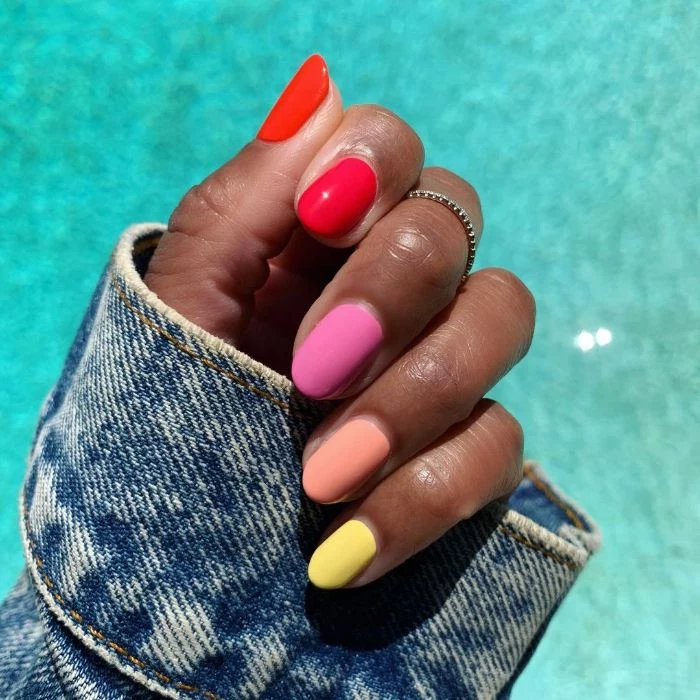 summer nail colors short almond nails each painted in different color red pink purple orange yellow
