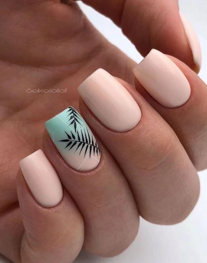 summer nail ideas short squoval nails with nude nail polish blue nude ombre palm leaves on ring finger