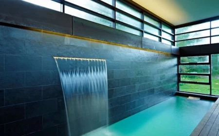 tabletop fountain wall covered with black stone bricks fountain flowing down into pool