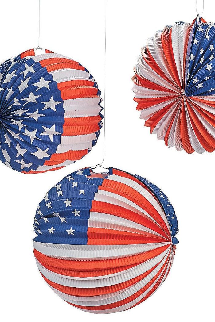three balloon lanterns painted as the american flag 4th of july crafts white background