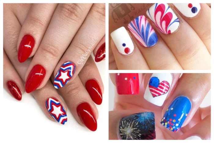 three side by side photos of red white and blue nails heart shaped american flag stars
