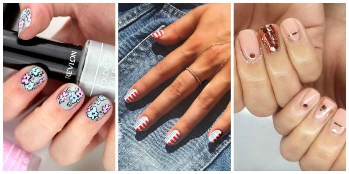 three side by side photos of short squoval nails with different summer nail colors fourth of july manicure