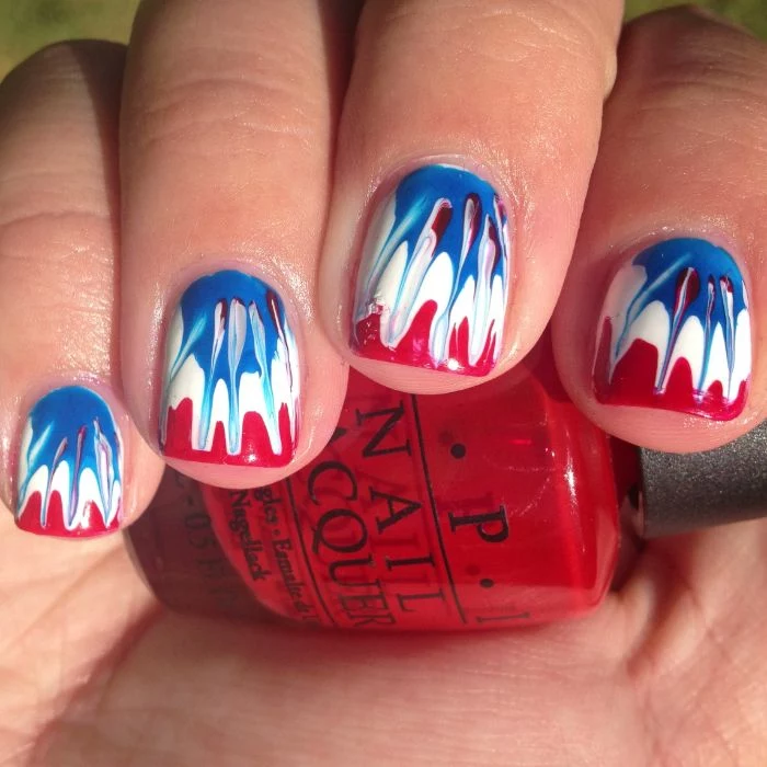 tie dye effect on short square nails patriotic nails done with red white and blue nail polish