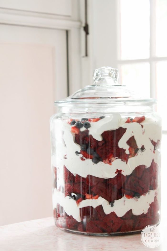 trifle layered in large jar traditional 4th of july foods red velvet cake cream cheese blueberries strawberries