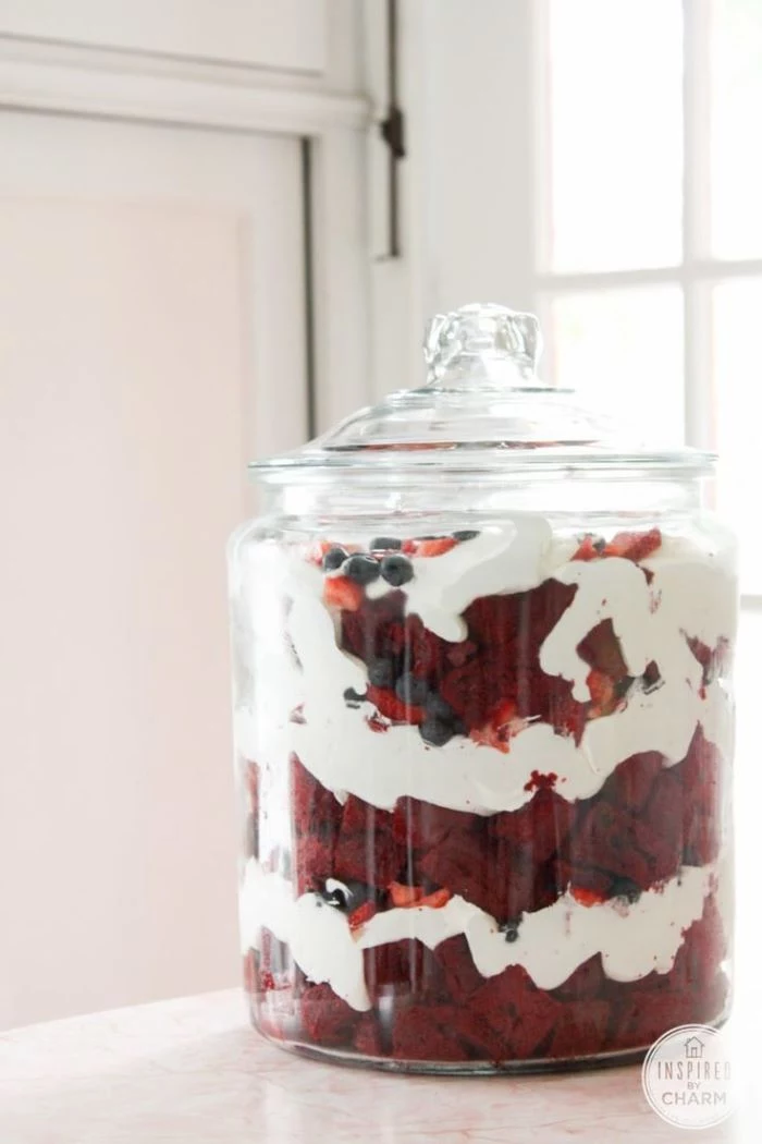 trifle layered in large jar traditional 4th of july foods red velvet cake cream cheese blueberries strawberries